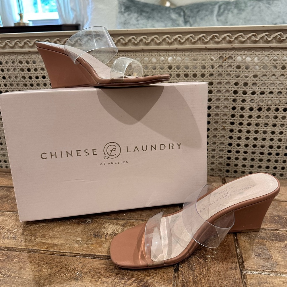 Chinese Laundry Clear Strap Tan Wedges